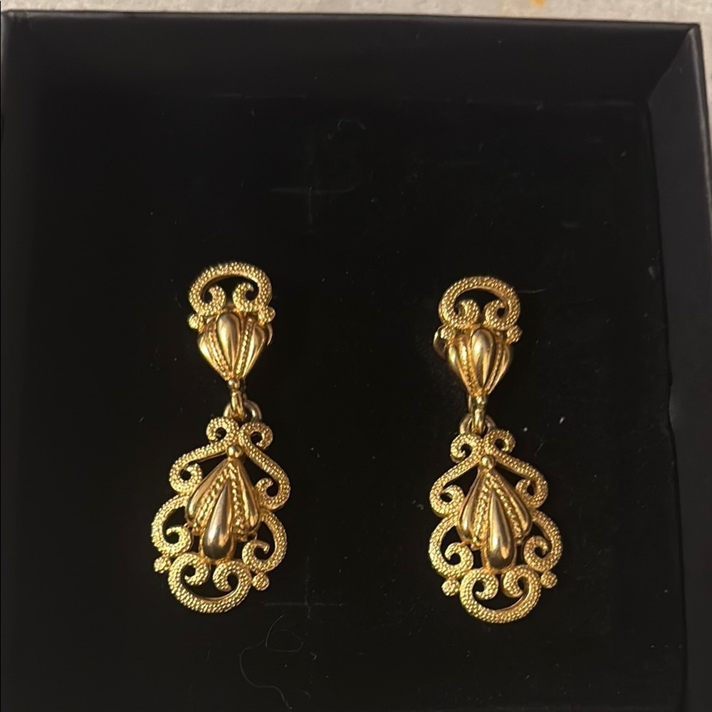 Trifari Gold Baroque Drop Clip On Earrings